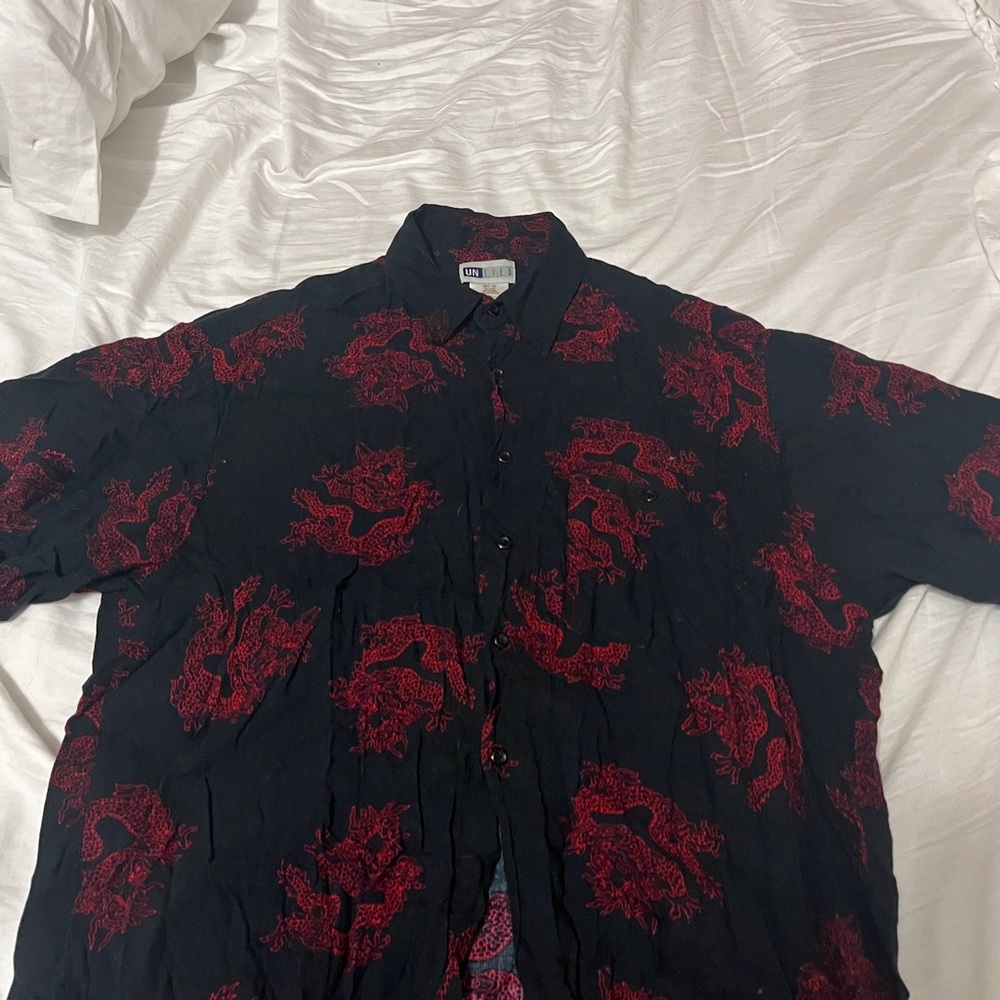 Black and Red Dragon Print Button Up